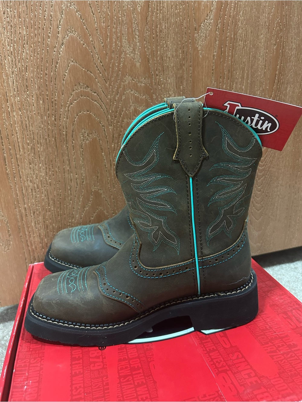 Justin Boots Brown Leather Western Work Boots with Turquoise Trim